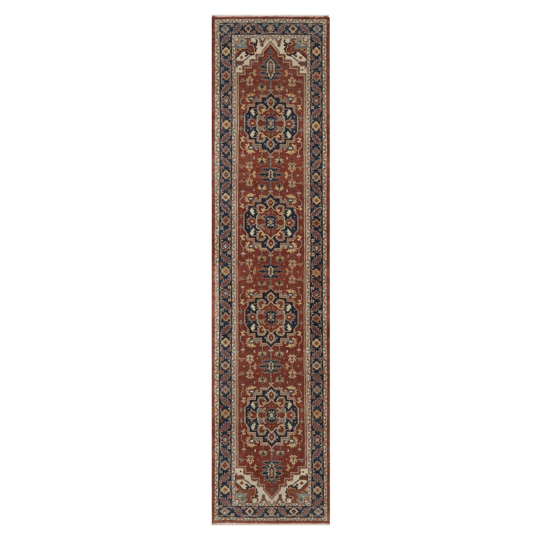 2'4"x10'2" Auburn Red, Antiqued Fine Heriz Re-Creation, Medallions Design, Hand Spun New Zealand Wool, Hand Knotted, Vegetable Dyes, Soft Pile, Denser Weave, Narrow Runner, Oriental Rug 